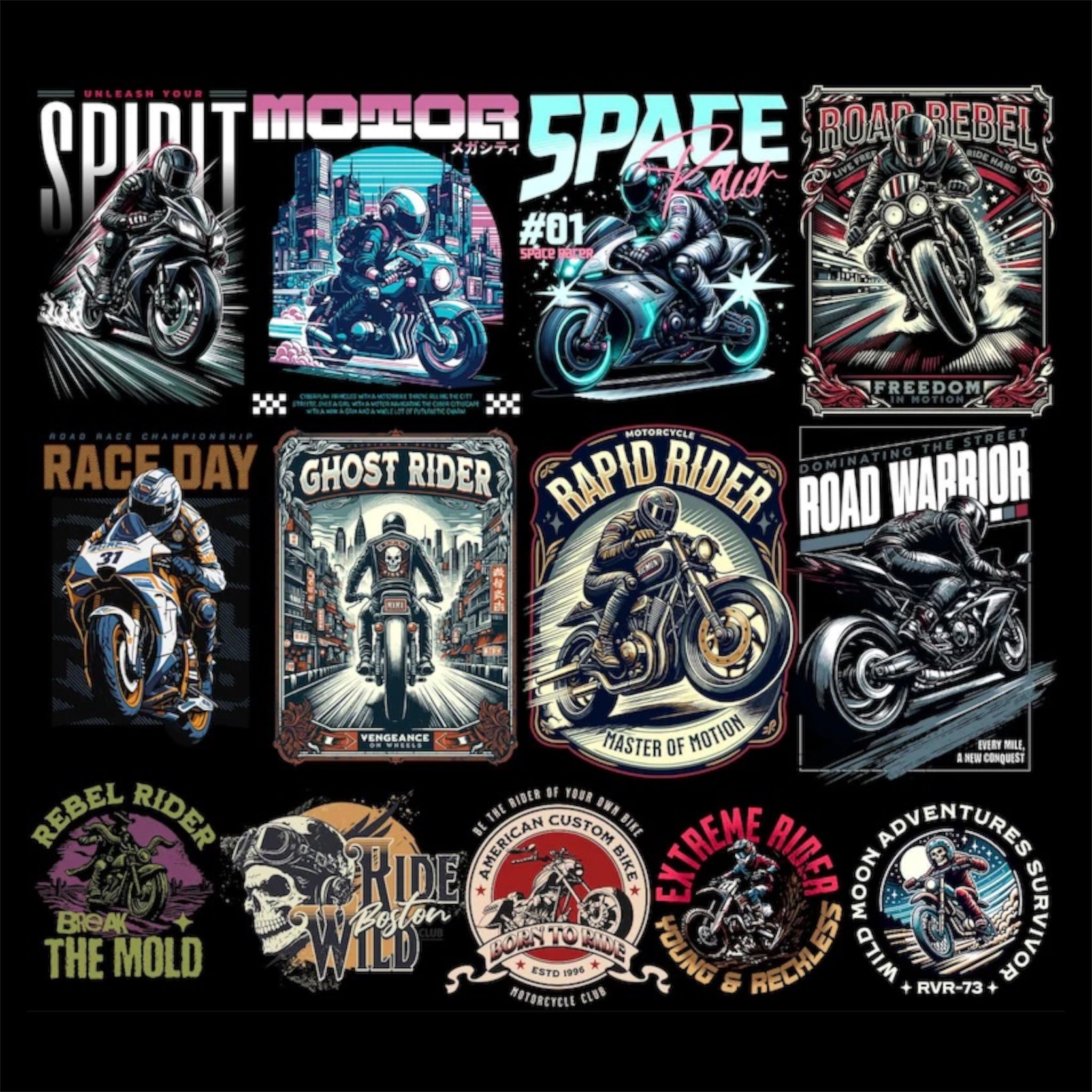 Motorcycle Biker T-Shirt PNG Design Pack (500+)